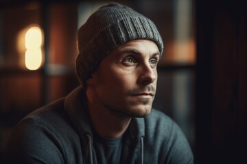 Obraz premium Portrait of a handsome man in a knitted cap and sweatshirt.