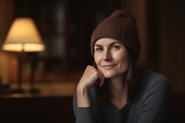 Portrait of a beautiful woman in a sweater and a brown hat