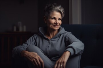 Portrait of a smiling middle-aged woman sitting on a sofa at home