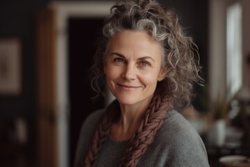 Fototapeta premium Portrait of smiling senior woman with curly hair looking at camera in cafe