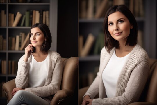 Beautiful young woman in sweater sitting on sofa and looking at camera