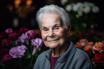 Portrait of a smiling senior woman with flowers in the background.