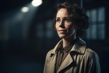 Portrait of a beautiful woman in beige trench coat and glasses