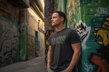 Obraz na płótnie Canvas Conceptual portrait photography of a pleased man in his 30s wearing a casual t-shirt against a graffiti alleyway background. Generative AI