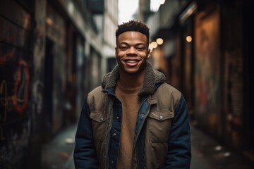 Fototapeta premium Portrait of a handsome young african american man smiling in the city.