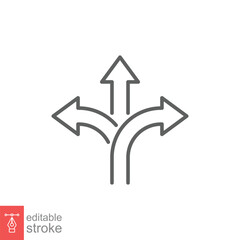 3 arrow way icon. Simple outline style. Choice, option, pathway, opportunity, three, road concept. Thin line symbol. Vector symbol illustration isolated on white background. Editable stroke EPS 10.