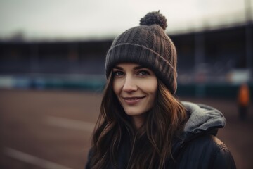 Portrait of a beautiful young woman in a hat and coat at the stadium.