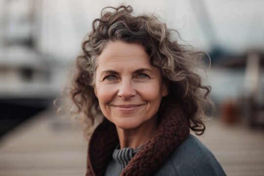 Close-up portrait photography of a pleased woman in her 50s wearing a cozy sweater against a yacht or marina background. Generative AI