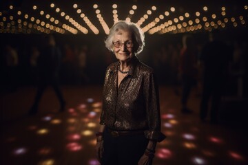 Obraz na płótnie Canvas Group portrait photography of a pleased woman in her 70s wearing a smart pair of trousers against a dance floor or disco background. Generative AI