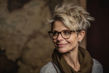 Portrait of beautiful young woman with short blond hair wearing glasses.