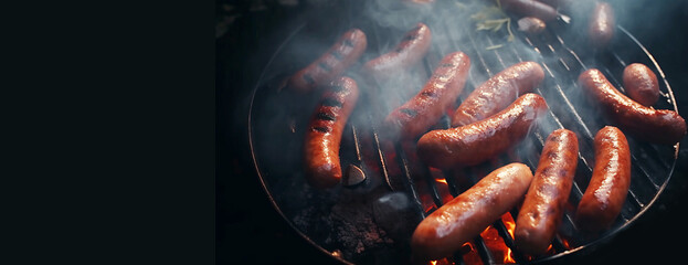  Grilled sausages on the flaming grill on black background. Grilling food, bbq, Menu grilled restaurant. Barbecue. Picnic.