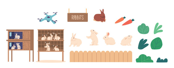 Rabbits Livestock Equipment Set Includes Cages, Feeders, And Waterers To House And Nourish Rabbits, Drone, Carrot