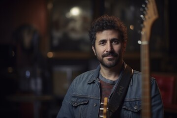 Portrait of a man with a guitar in a music studio.