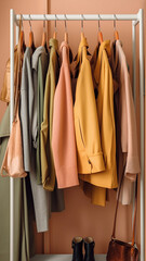 Stylish Female clothes in wardrobe. Organization of storage. Dressing room. Fashion blog, concept.