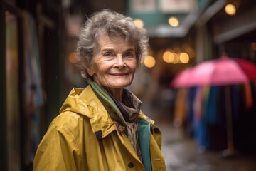 Lifestyle portrait photography of a pleased woman in her 60s wearing a vibrant raincoat against an antique shop or vintage market background. Generative AI