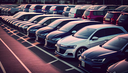 Naklejka premium Cars for sale stock lot. Car dealer inventory. Ai generated image