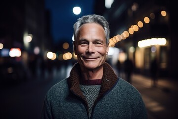 Fototapeta premium Portrait of a smiling senior man in the city at night.