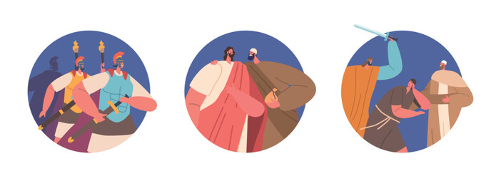 Isolated Round Icons Of Jesus Betrayal Scene. Judas Iscariot Identifies Jesus To The Roman Soldiers With A Kiss