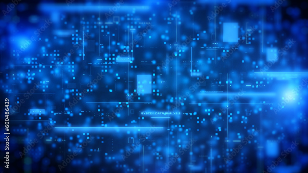Aufkleber HUD system monitoring in blue square cyberspace simulation. Abstract technology data analysis concept. Digital network connection illustration background.