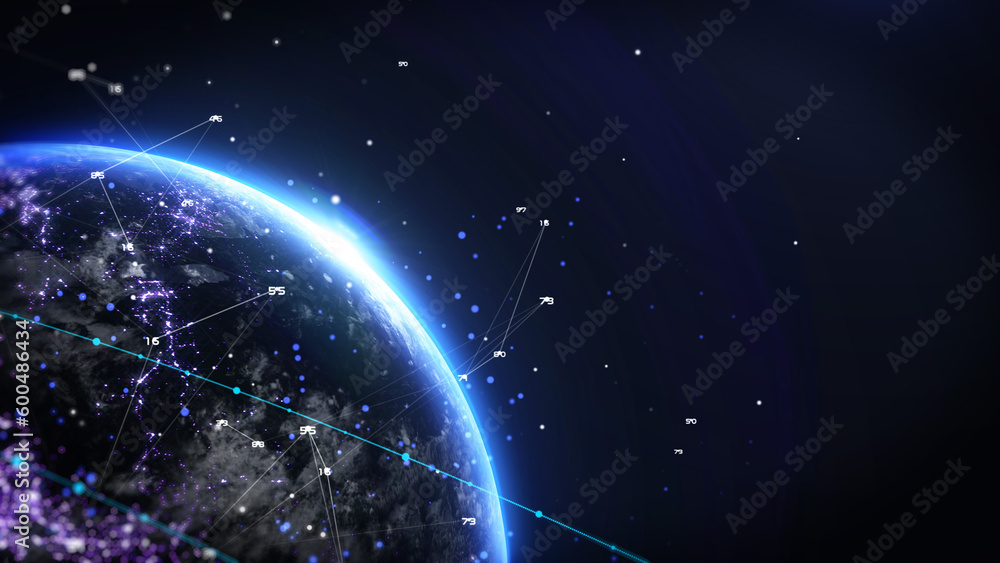 Poster abstract digital realistic of 3d rendering earth with data low poly number, flare ring, futuristic l