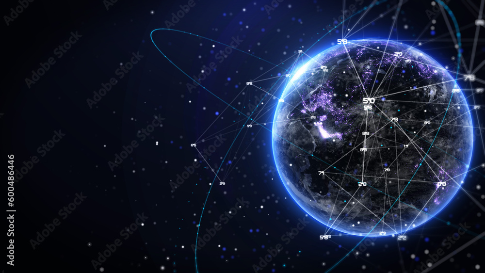 Poster abstract digital realistic of 3d rendering earth with data low poly number, flare ring, futuristic l