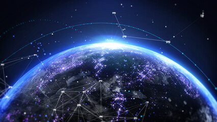 Abstract digital realistic of 3d rendering earth with data low poly number, flare ring, futuristic line illustration background. Concept of global business and technology. © Pakpoom