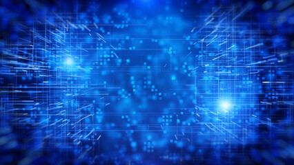 Abstract digital square particles flickering, floating dynamic pattern background. Blue technology futuristic data connection analysis de-focus, blur structure illustration.