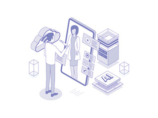 Healthcare virtual assistants, aiding patients and medical professionals with information and support. Artificial intelligence in healthcare lineal isometric illustration