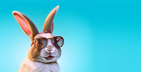 Head and shoulder portrait of adorable rabbit with eyeglasses