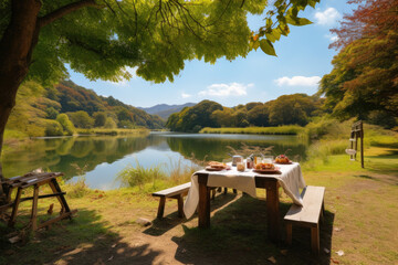 Obraz premium Picnic by the lake in the park - Generative AI