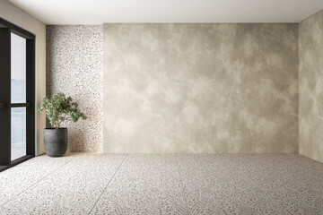 A spacious and airy interior with concrete and terrazzo walls, terrazzo flooring, a large window, and an inviting seating area. Perfect for home decor mock-ups. 3d rendering