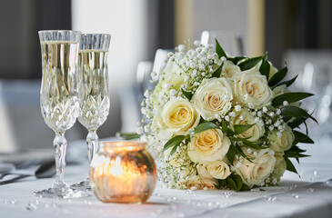 Beautiful bridal bouquet of white roses and gypsophila with two crystal flutes of champagne