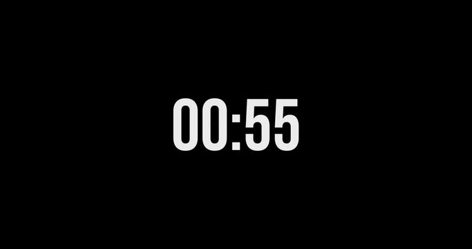 Countdown timer for a minute, 60 seconds, white numbers isolated from background with alpha channel.