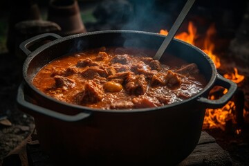 A traditional Hungarian goulash stew bubbling in a cauldron over an open fire. Capture the hearty, comforting food that keeps people warm in the cold Hungarian winters. Generative AI