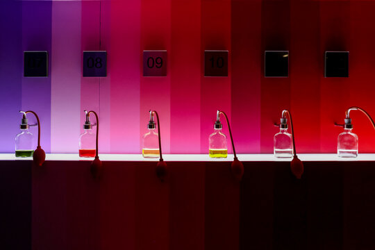 Amsterdam, Netherlands - March 30, 2023: Numerous scents on display at the House of Bols Cocktail and Genever Experience in Amsterdam
