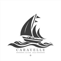 Minimal modern Sailing boat on the water, vector logo. Caravelle emblem