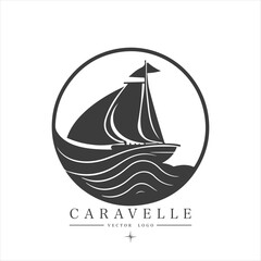 Minimal modern Sailing boat on the water, vector logo. Caravelle emblem