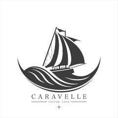 Minimal modern Sailing boat on the water, vector logo. Caravelle emblem