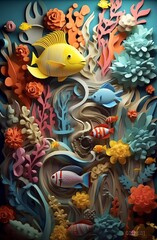 Obraz na płótnie Canvas A 3d paper cut out of a sea of fish