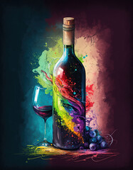 colorful painting glass of red wine, bottle and grape. Generative AI