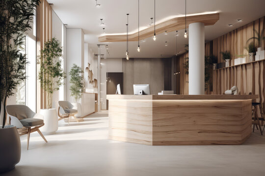 Contemporary Reception Counter Design. Stylish and Functional Lobby Area with Modern Interior in White and Wood. AI Generative
