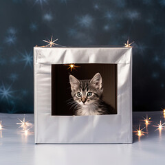 Cat in a silver box with window, christmas lights, blue wall. Adorable sitting kitten, maine coon. Generative AI.