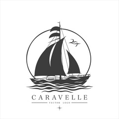 Minimal modern Sailing boat on the water, vector logo. Caravelle emblem