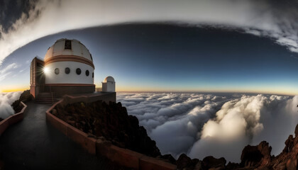 Panoramic shot the La Palma astronomical observatory on a sea of clouds background