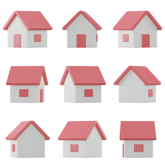 Set of red houses on transparent background, PNG transparent, 3d