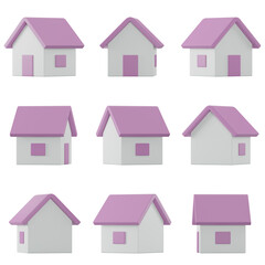 Set of pink houses on transparent background, PNG transparent, 3d