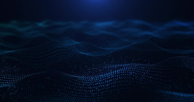 Futuristic glowing wave of moving glowing particles, optical fiber, abstract technology background, seamless loop