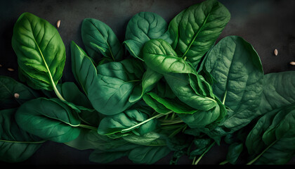 Top view on fresh organic spinach leaves. Healthy green food and vegan background.