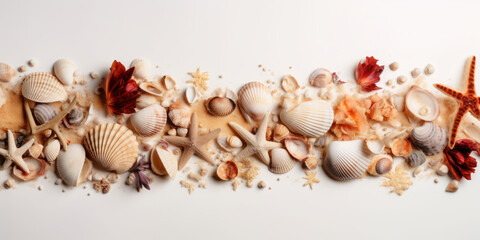 Seashell and starfish collage on white background