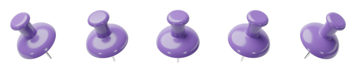 set of 3d purple pin on transparent background, PNG transparent, isolated, above angle